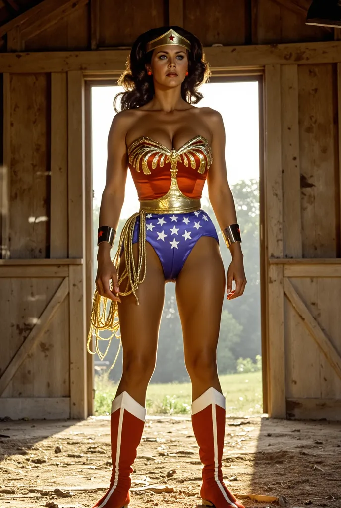  Wonder woman on four  in  Farm barn. Her heahd face front in view.