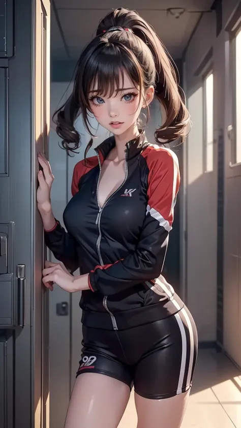 locker room,track suit,(Thin type:1.5),(large breasts),(random hairstyle),(Highest image quality,(8K), Ultra-realistic, Best Quality, High quality, High Definition, high quality texture, high detailing, Beautiful detailed, fine detailed, extremely details ...