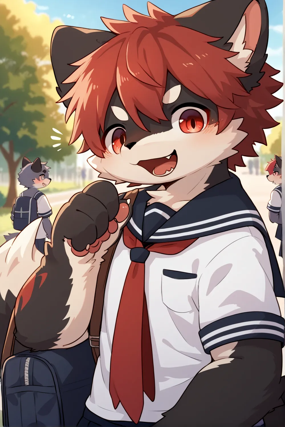 score_8_up, score_7_up, score_6, source_furry, source_anime, ((furry, kemono, anthro)), solo, solo focus, furred_dog, long fur, fluffy fur, fluffy tail, black body, light red eyes, red hair, school uniform, school background, ((male)), kawaii, ((moe)), hor...