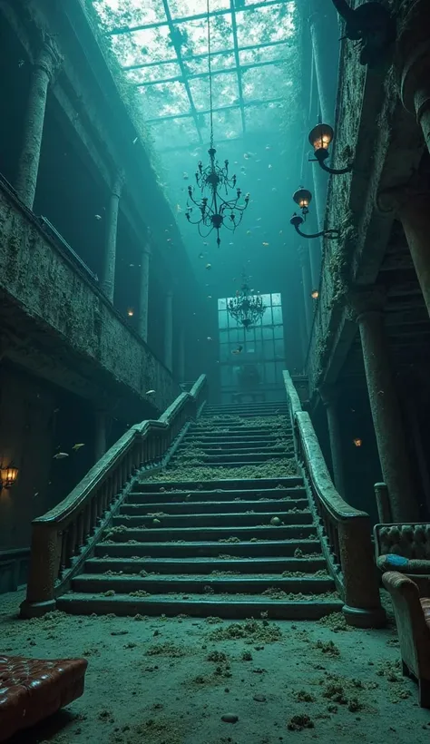 "An eerie underwater scene inside the sunken Titanic. The grand staircase, once magnificent, is now covered in rust and marine growth. Dim light filters through broken windows, casting an ethereal glow on the decayed wooden railings and corroded chandelier...