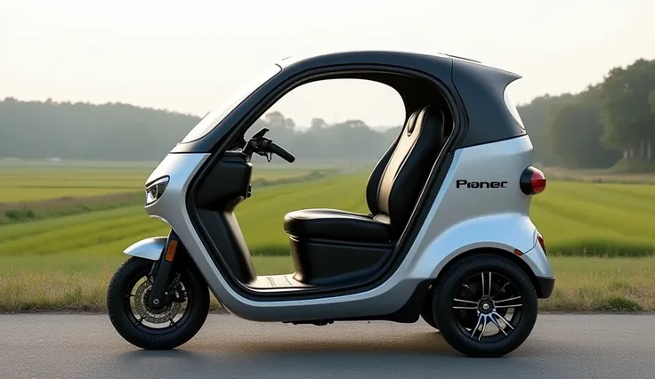 "A modern three-wheeled electric rickshaw, shown from the left side. The rickshaw has a sleek, aerodynamic body with a curved roof and an open or semi-closed cabin. The side panel features stylish branding or a logo, with a comfortable black leather seat v...