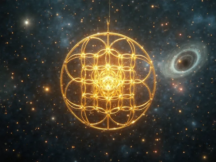 flower of life, small and place in the centre, gold and yellow, universe, desktop wallpaper,