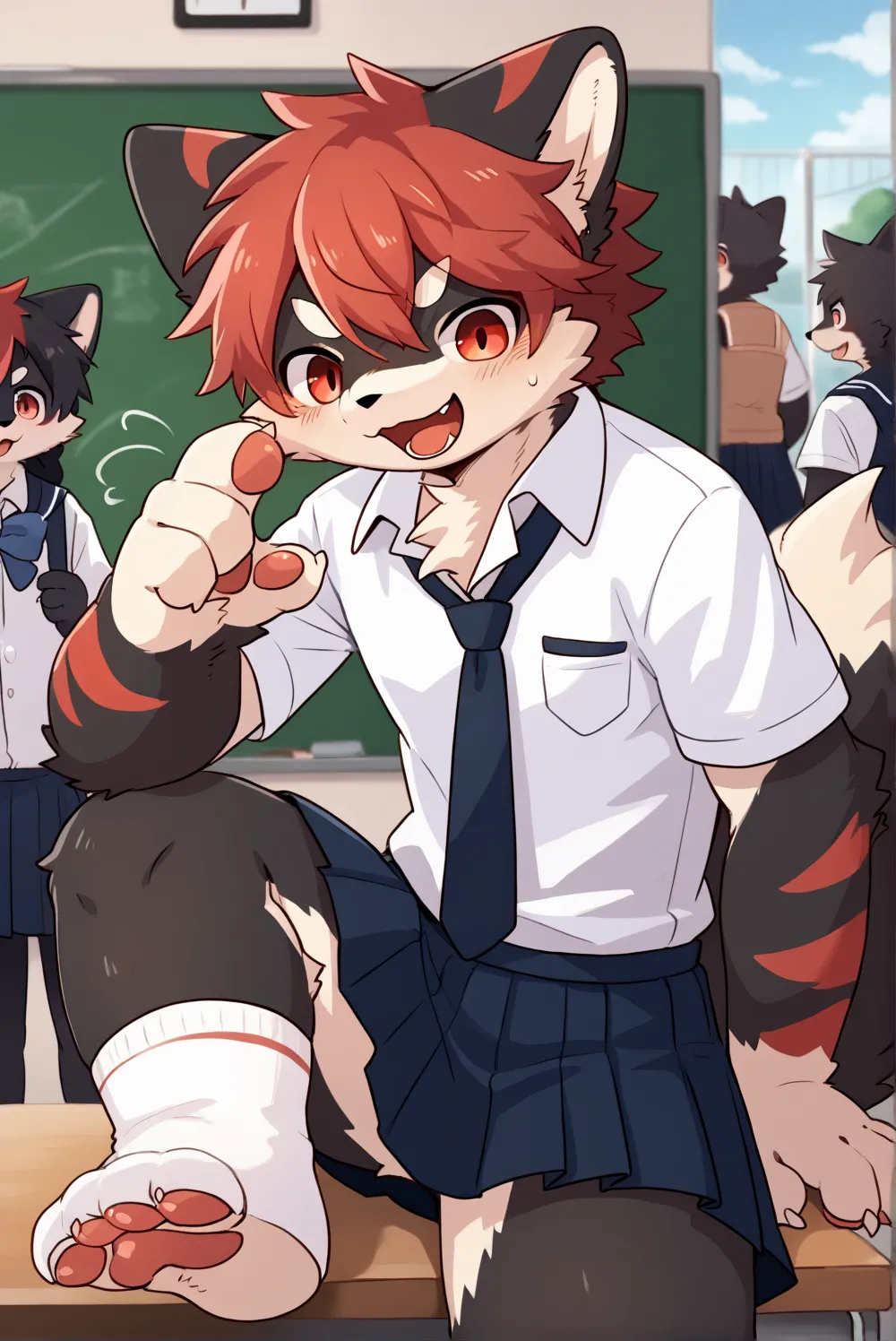 score_8_up, score_7_up, score_6, source_furry, source_anime, ((furry, kemono, anthro)), solo, solo focus, furred_dog, long fur, fluffy fur, fluffy tail, black body, light red eyes, red hair, school uniform, school background, ((male)), kawaii, ((moe)), hor...