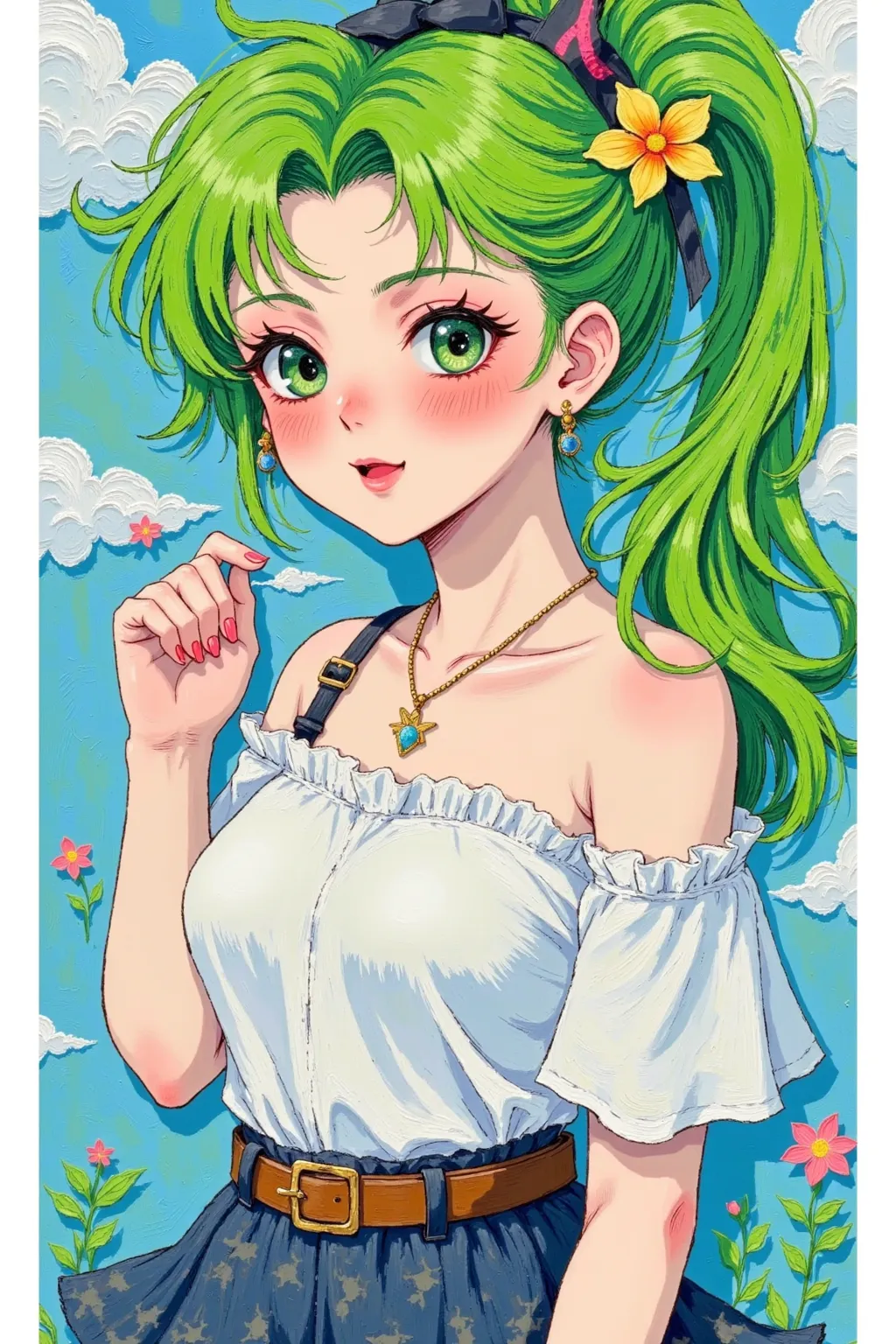 (has the best quality, sketch:1.2),practical,Illustrator ,cunning， Japanese cartoon ,1 girl,  Hatsune Miku ，detailed lips, hand，Off Shoulder， Neon long hair , high ponytail green ， masterpiece,  This style is retro, DJ