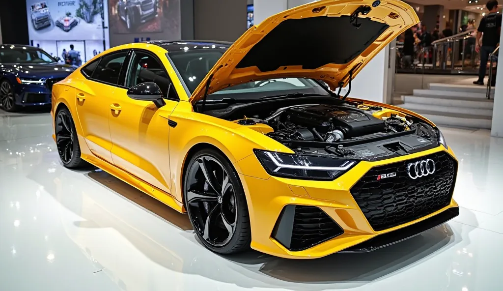 Create a hyper-realistic HDR render of the 2025 Audi RS7 in a luxury showroom setting. The car is painted in yellow with a shiny finish and features a bold, sleek sedan-like design, black alloy wheels, and sharp front lights. The hood is fully open, provid...