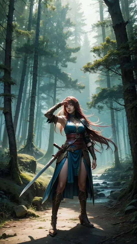 In the mist of the forest I'm wandering
With a magic sword in hand
I learn ancient secrets
On a fabulous river,  Masterpiece , better quality, Dynamic pose, dynamic corner, dynamic , multicolor background ,  1girl,  standing, Fantasy cinematic anime style