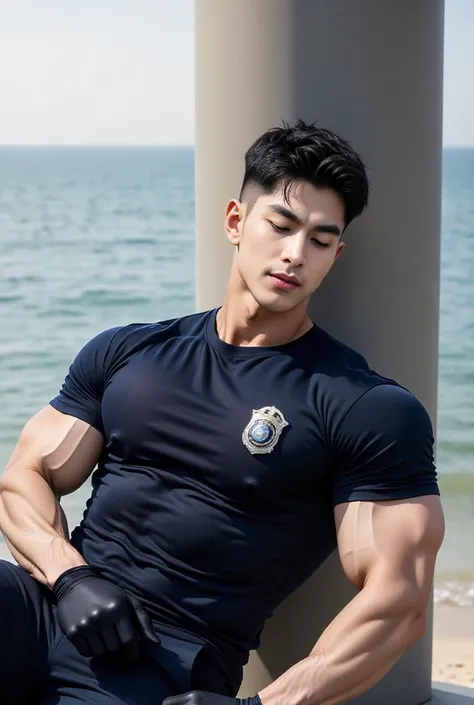 Handsome Korea bodybuilding man sleep, (((close eyes:1.8))), lying against a pillar by the sea, short black hair, cut short, wearing a navy round neck T-shirt, ((with police badge)), (navy pants), black gloves