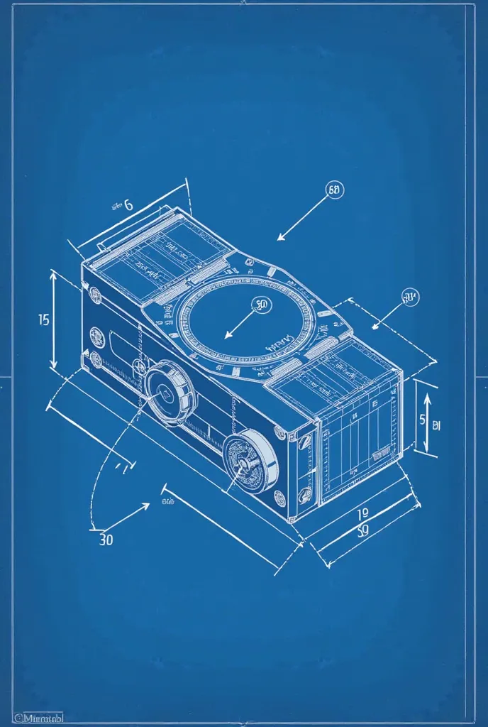 Create a high-resolution, isometric technical drawing of the 'AngleGuard Multi-Tool' in blueprint style. The tool is a compact, hybrid hand tool for machining with two main functions: an adjustable angle gauge and an integrated deburring/chamfering blade. ...