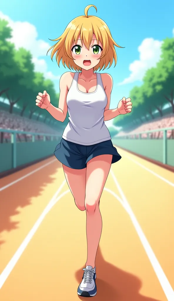 ヨーロッパのbeautiful girl, Spring Tournament ,  spread your hands , , beautiful girl, blond with a big face,  short hair, small breasts,  slim, Beautiful Legs,  delicate and beautiful skin, white tank top,   I can see my belly button  ,full bodyが汗ばんでいる,  Her Ha...