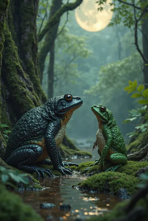 Black toad talking to a green toad