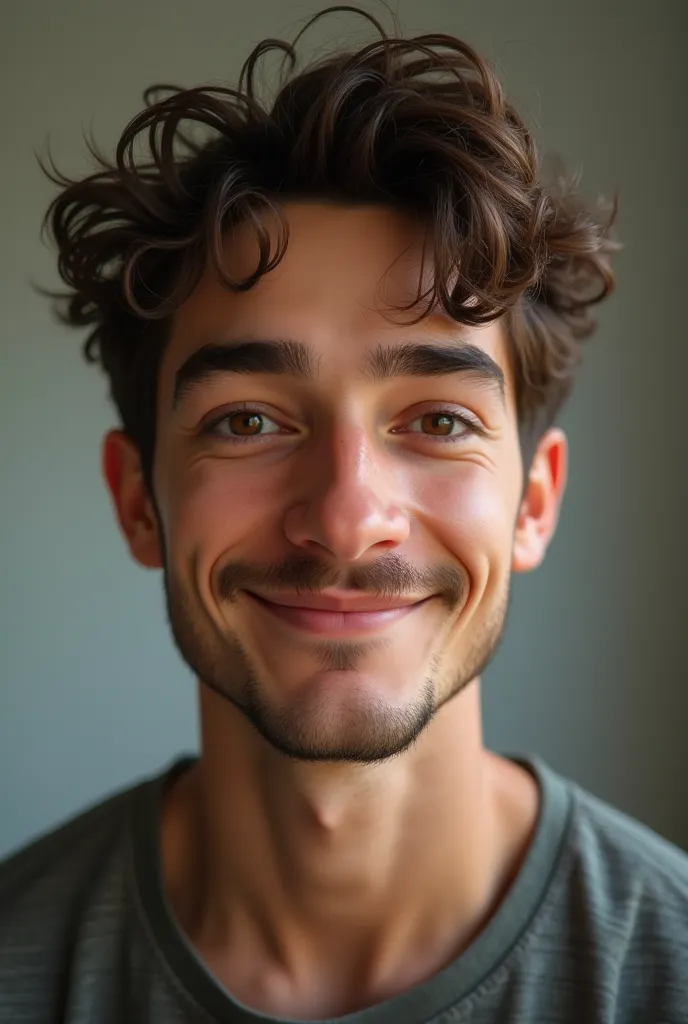 A Skinny Boy With Short Curly Hair Looking Forward Smiling With A Short Beard