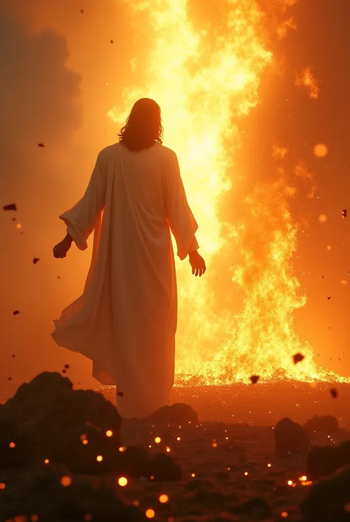 First-person perspective: The viewer is now standing, stronger than before, as Jesus stands tall beside them, His hand still on their shoulder. His radiant presence dominates the scene, while the enemy collapses in defeat, engulfed in divine flames. The on...