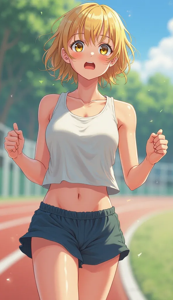 ヨーロッパのbeautiful girl, Spring Tournament ,  spread your hands , , beautiful girl, blond with a big face,  short hair, small breasts,  slim, Beautiful Legs,  delicate and beautiful skin, white tank top,   I can see my belly button  ,full bodyが汗ばんでいる,  Her Ha...