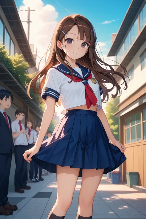 Takagi、からかい上手のTakagi、uniform、brown hair、brown eyes、skirt、青いskirt、sailor suit、red tie、Short sleeve、blue sailor color、long hair、anime screenshot、black socks,
