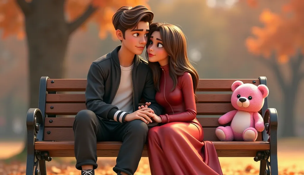 The image shows a romantic scene between a young man and woman sitting on a wooden bench in a park. The picture is made in stylish 3D animation with soft shadows, warm tones and expressive details.

---

### **Character Description:**

#### **Boy:**
- He h...