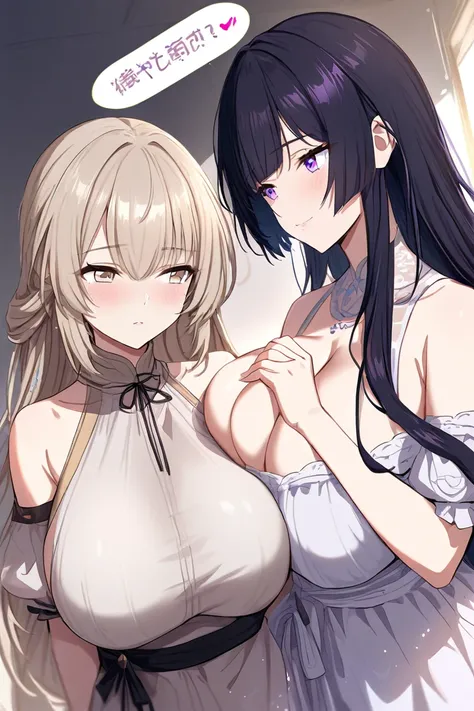 2 women、（ character for V21（ light beige hair、shoulder-length hair、Light beige eyes、Long））、（ character for V2２（ black hair、long hair、 purple eyes、Big Breasts））、Holding hands、The distance it takes to breathe、Delicate atmosphere、 and stare at each other、sens...