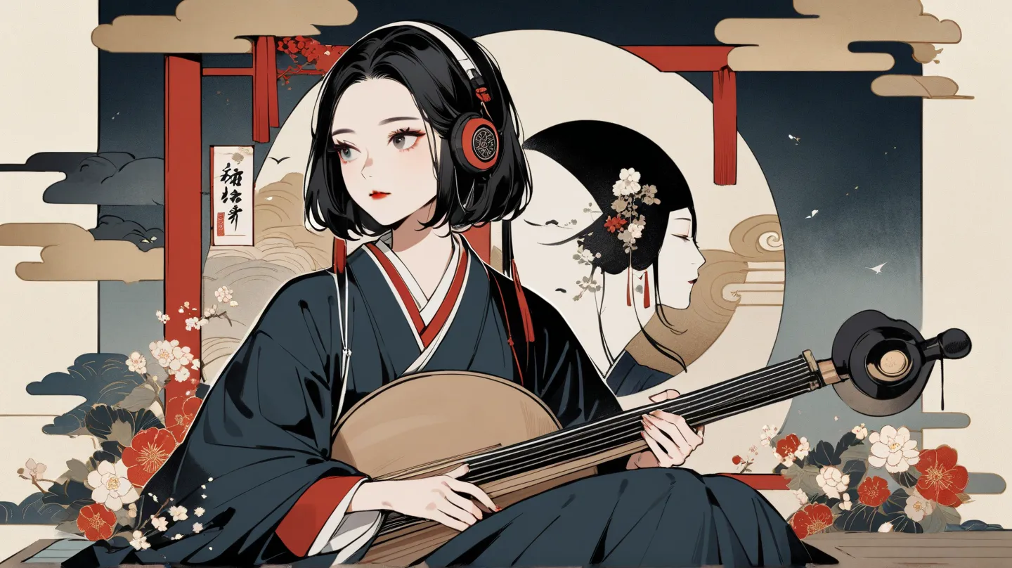 Ink painting, (((1 person))), beautiful girl,  black hair, (((Japanese String Instruments))), Small Flower,  headphones, Delicate and precise, modern ukiyo-e style