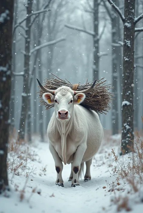 A white cow has  bundle of sticks on its back and is standing in Snow fall forest 