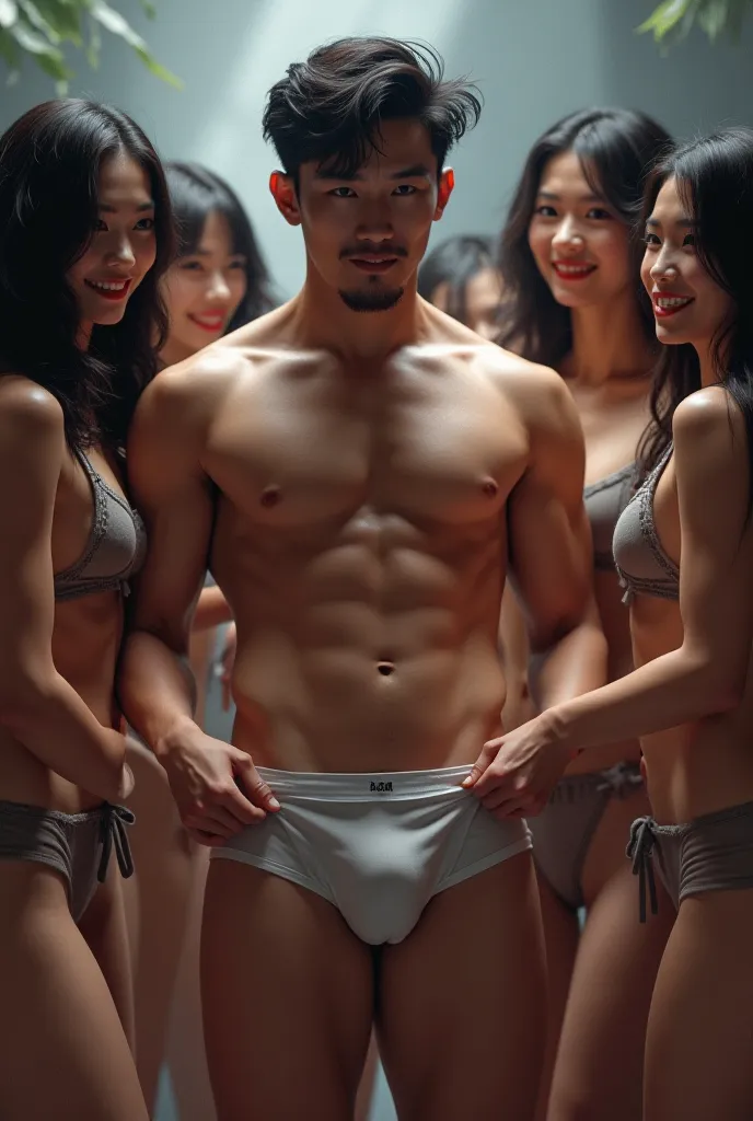 A handsome Japanese man with muscular muscles、
The figure of him trying to take off his short boxer briefs
watching、Generate images of many beautiful women smiling and being cheated on