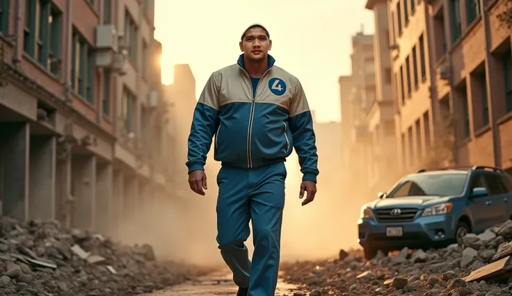 A realistic and cinematic full-body portrait of Ben Grimm before transforming into The Thing. He is wearing a light blue and white jacket with the Fantastic Four '4' logo on the chest, along with matching light blue pants. He walks through a devastated cit...