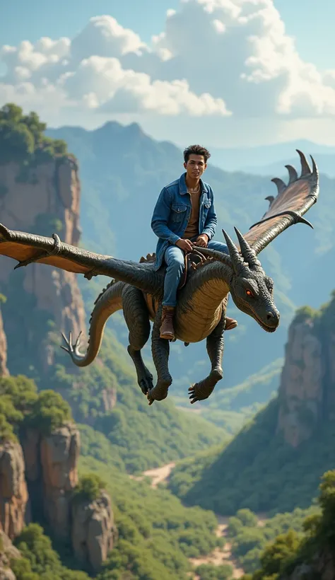 young handsome asian man wearing a blue jeans jacket and curdoroy jeans, riding a flying Toruk Makto a flying dragon from Avatar movie, sitting astride. in the middle of a fertile rock valley. and behind him several valleys of fertile rock floated in the s...