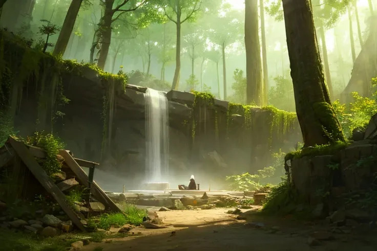 A mystical ancient jungle ruin covered in lush vegetation. Sunlight filters through the dense canopy, casting golden rays on moss-covered stone structures. A cascading waterfall flows beside an intricately carved stone arch entwined with vines. Mist swirls...