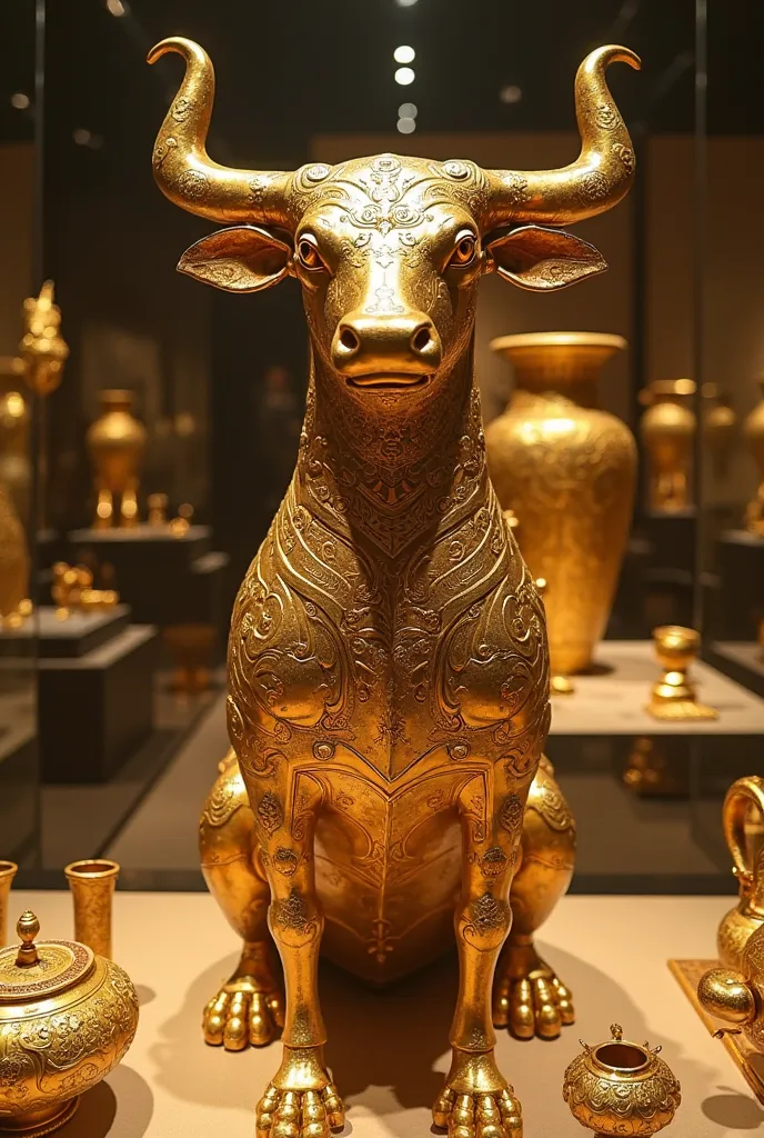 Minoan gold treasure. A magnificent Minoan gold treasure with artistic bull motifs, Sparkling in the light of the museum museum