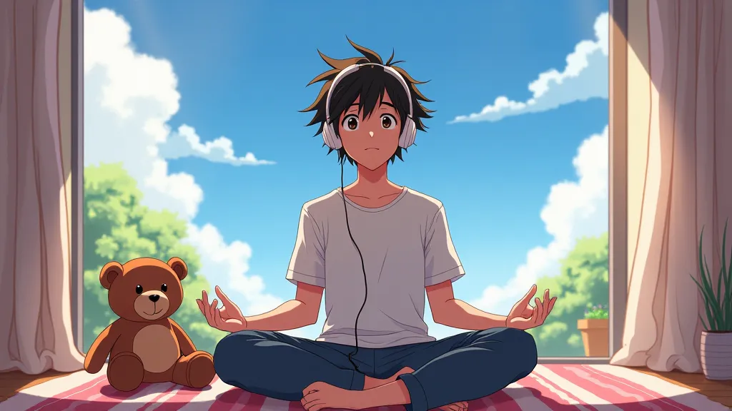 Me a boy of Just made 33 years old hearing music with inear no cable, white earphone inear, meditating for my future, 3 march 33 anime style, with my bear and absurd hair moved