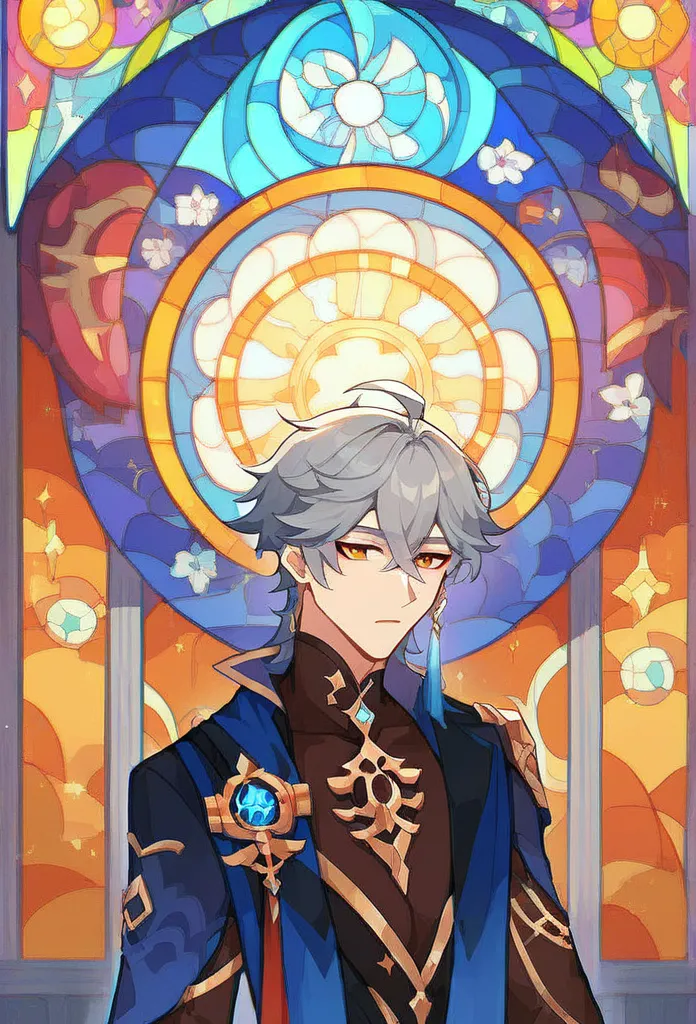 alhaitham (genshin impact), 1 male, (Solo:1.4), grey hair, standing in front of the stained glass window, dramatic sunset lighting