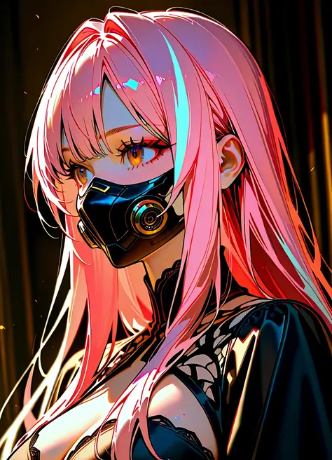 1 woman, long hair, pink hair with white highlights, brown eyes, wearing a black mask, beautiful face, wearing black dress