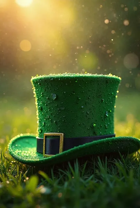 A vibrant green top hat, adorned with glistening droplets from a recent rain shower, rests gently on a bed of fresh grass. Sunlight filters through the scene, casting a warm glow and creating a magical, festive atmosphere. The hat’s rich green color contra...