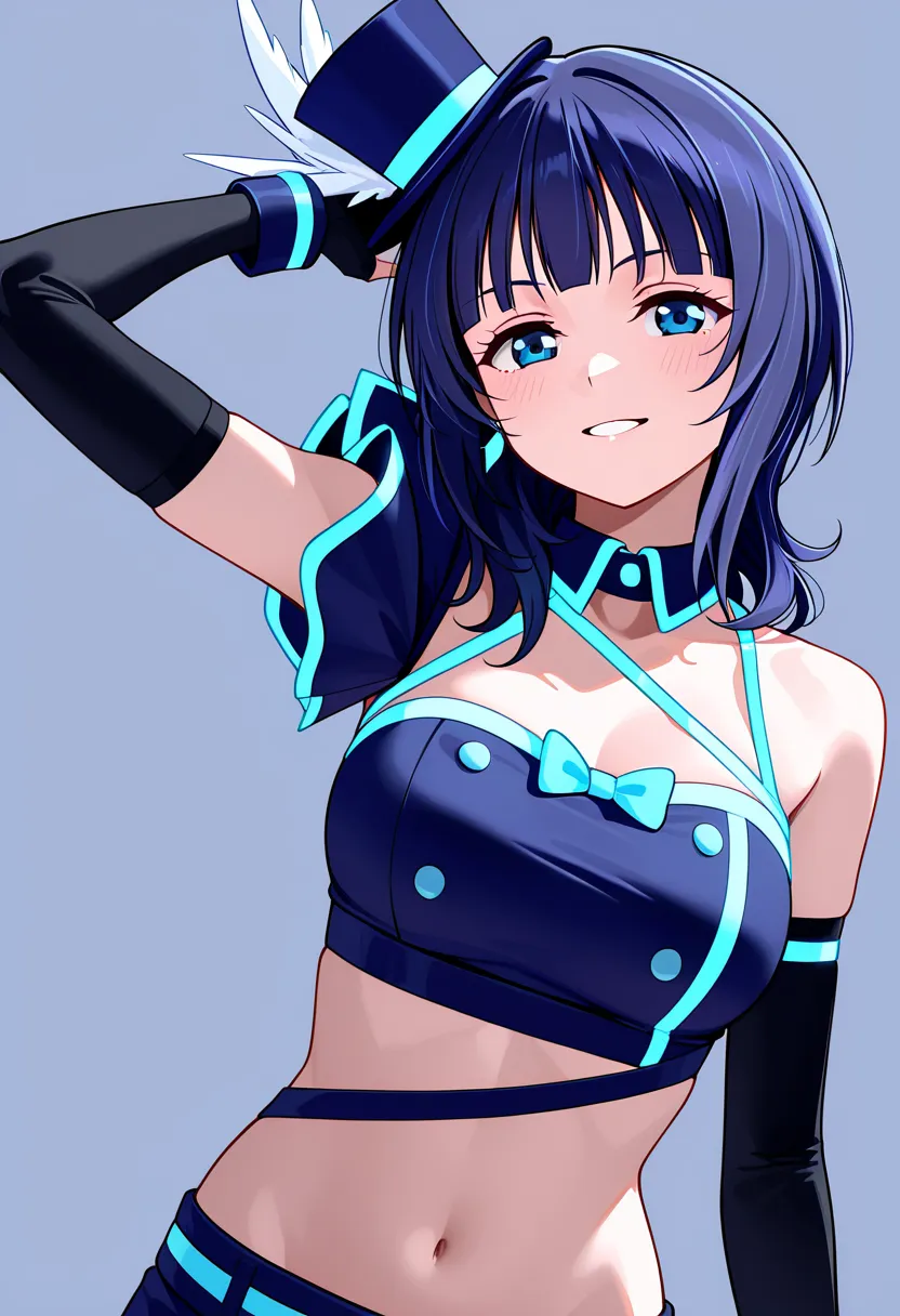 asaka karin \(love live\),vivid world \(love_live!\),short hair,blue hair,blue eyes,blue short,short short,midriff,crop top,mini top hat,blue hat,elbow sleeve,fingerless gloves,official alternate costume, сидит на стуле, Уютная Комната, Красивый Интерьер, ...