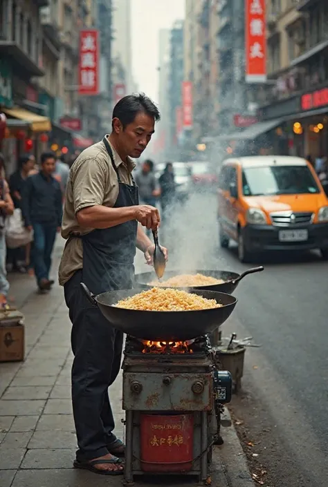 Photo of a man making fried rice on the sidewalk