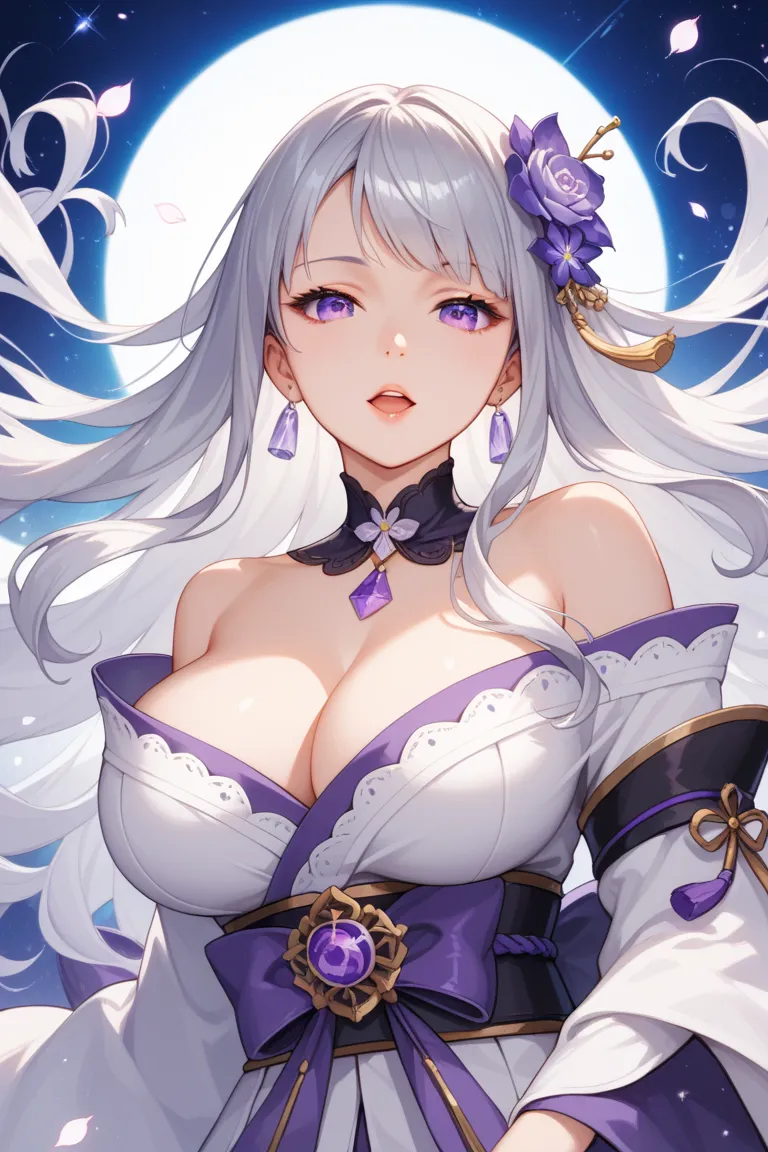 (masterpiece, best quality:1.2), 1 girl, big breasts, Super long hair,  Silver Hair,open your mouth slightly, hair flower, anime style, Japanese illustration style, purple eyes, 