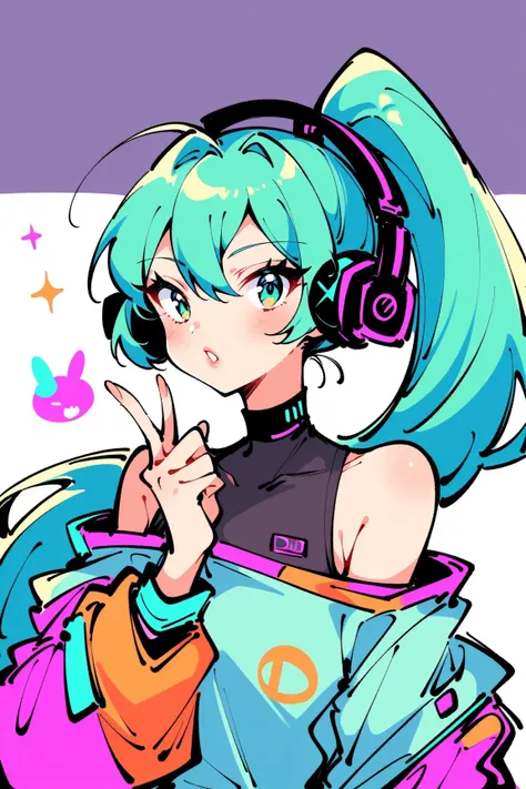 (has the best quality, sketch:1.2),practical,Illustrator ,cunning， Japanese cartoon ,1 girl,  Hatsune Miku ，detailed lips, hand，Off Shoulder， Neon long hair , high ponytail green ， masterpiece,  This style is retro, DJ