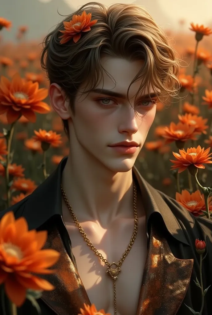  close up ! A young guy with skin, as if from flower petals, in a bronze-colored tunic with an asymmetric neckline and gold chains, amidst a field of bronze chrysanthemums under the evening sky. Brown eyes shine like earth, square face, short bronze hair w...