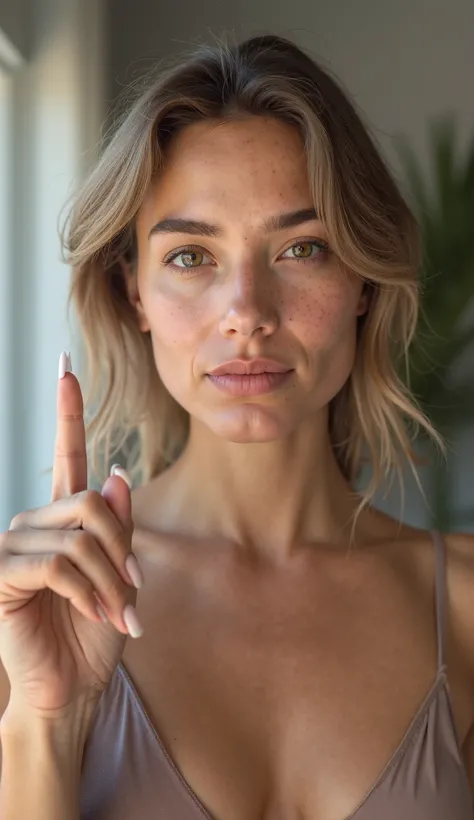 Create an ordinary American woman with ultra realistic and human qualities in her 30s, She has a neutral expression and is pointing her right index finger upwards, It is centered in front of the camera in the amateur selfie format with image quality of the...