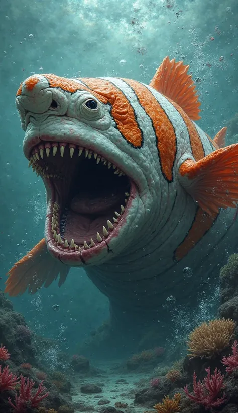 You are a fantasy painter and an expert comic book artist, generate for me an image of the monstrous fusion of a white shark and a clownfish