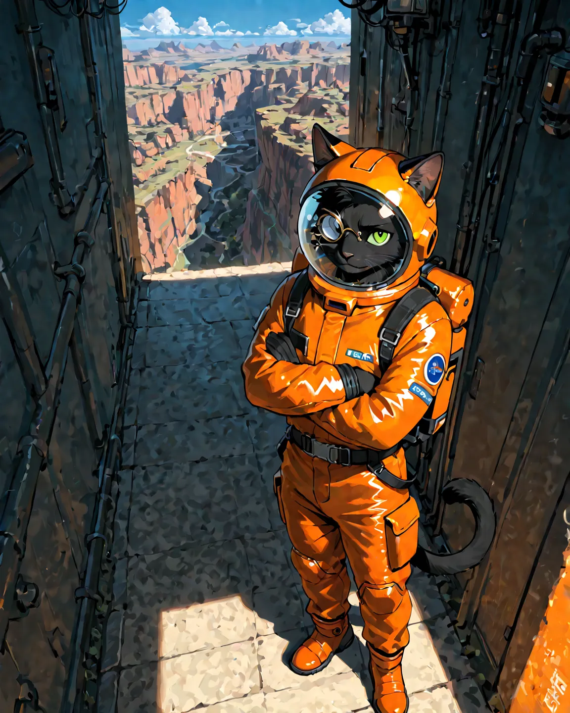 1 guy, black cat furry, (orange spacesuit), cool, casual kindness, smile, arm-crossed, from above, Monocle over left eye, SF, Wind, blue sky, masterpiece, Best Quality