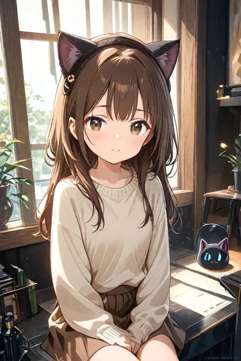 A petite girl with brown hair long hair and brown eyes, wearing brown beanie with cat ears on top, wearing brown short skirt and brown sweater staring at you with wide innocent eyes