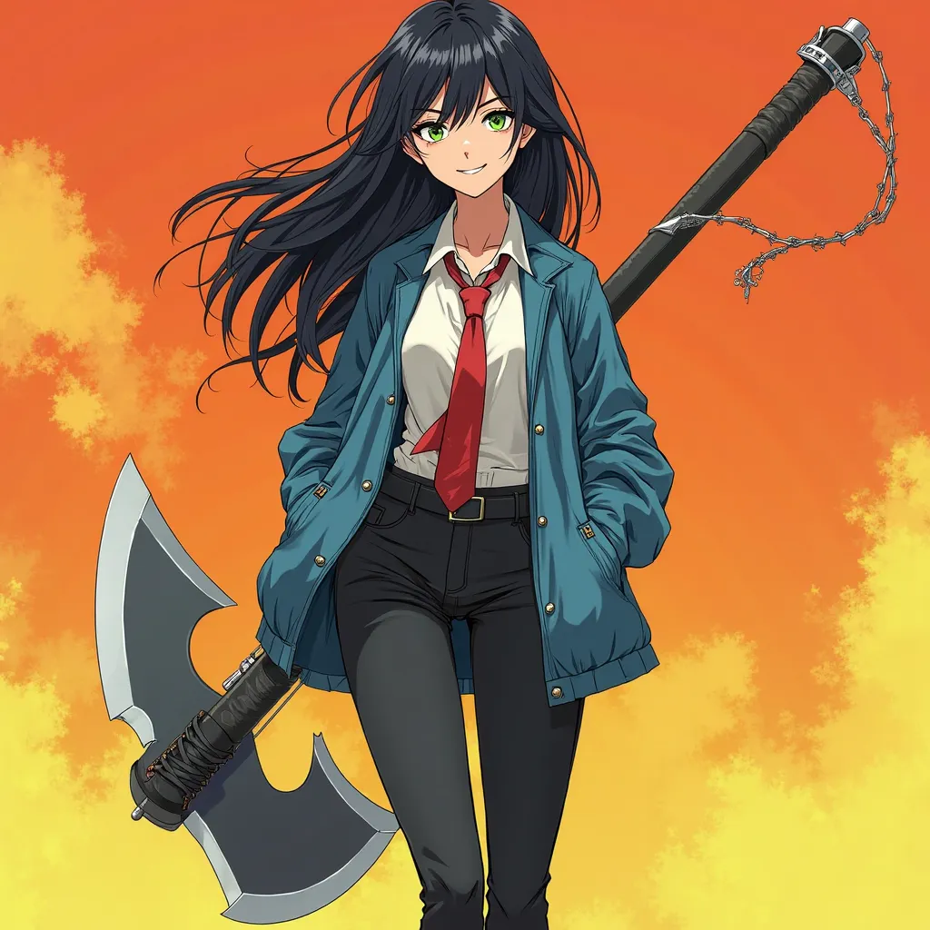 
Prompt: "A stylish and confident female character in a vibrant anime style. She has long messy black hair, intense green eyes and a mischievous smile. She wears a loose blue jacket, a slightly unbuttoned white shirt with a loose red tie, dress black pants...