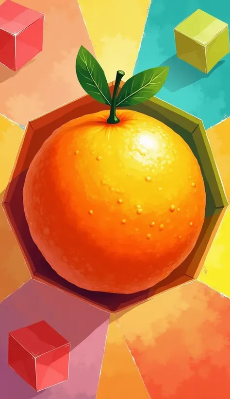 Create a colorful and engaging educational image for young ren to learn about colors through shapes and fruits An orange orange inside a hexagon


