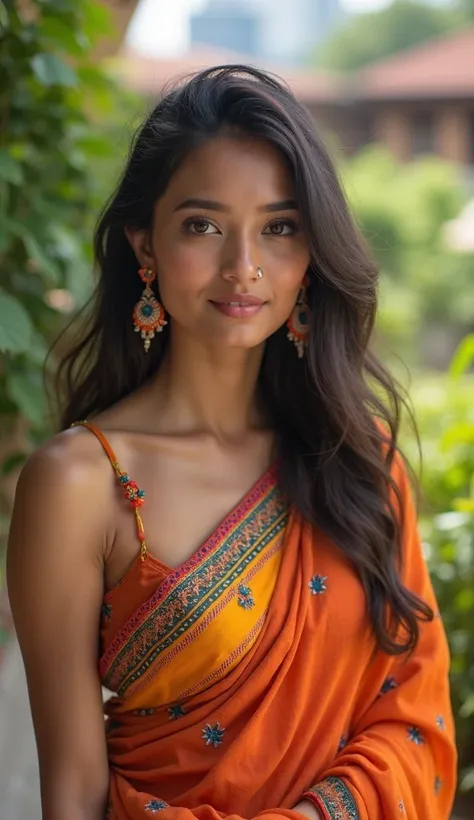 "Generate realistic images of a young Indian woman model in various settings: 1) wearing a vibrant saree in a lush garden, 2) in a chic fusion outfit against a city skyline, 3) enjoying a candid moment in a cozy café, and 4) celebrating a traditional festi...