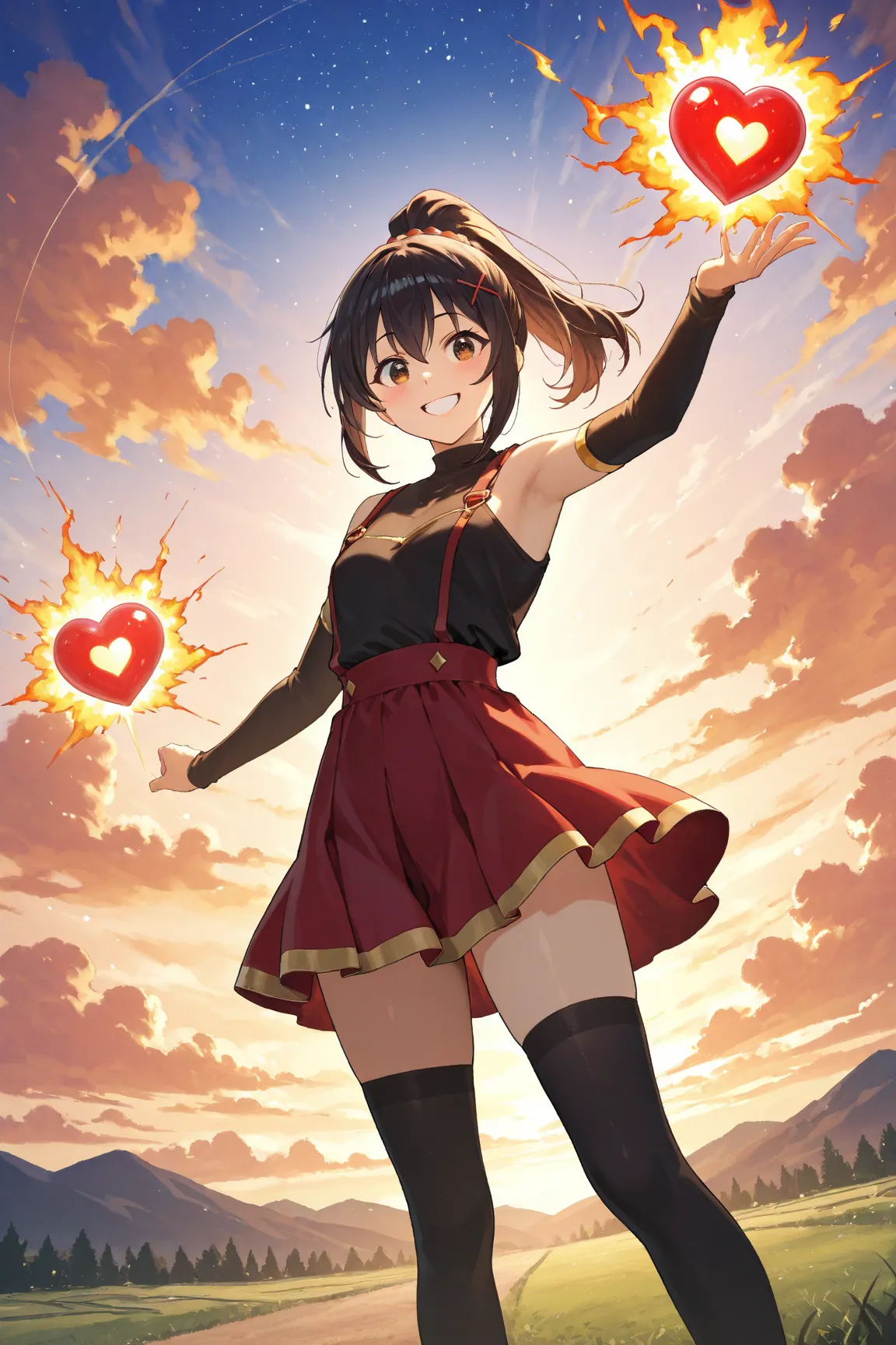 1girl, megumin, konosuba, he's holding a heart-shaped bomb with a burning fuse  , grins 