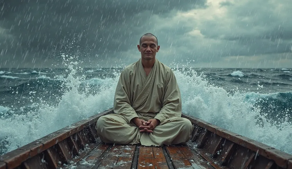 Create the art of a 23-year-old monk from a Zen monastery , meditating inside a boat , The crew is in a panic and the boat is in a storm. Do it with maximum realism and quality 