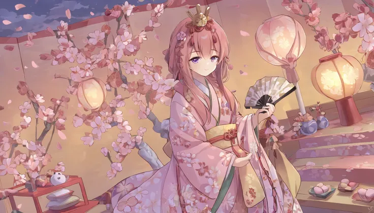 young girl dressed in a traditional Japanese hina doll cosplay, celebrating Hinamatsuri on March 3rd. She wears a beautiful multi-layered kimono in pastel pink and red with intricate golden patterns, resembling an elegant Empress. Her hair is styled in a ...