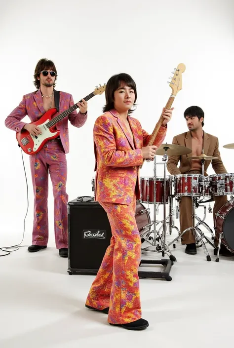 front  view of Three Japanese male musicians in vibrant 1980s attire perform energetically: bassist in bell-bottoms, drummer with round sunglasses sits behind the drums, guitarist with boob hair cut . They play in pristine white studio, hyper-realistic det...