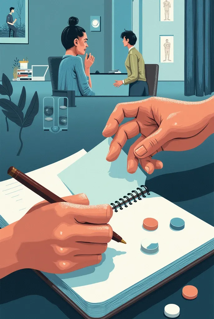 One hand holding pills, another writing notes in a diary. In the background, abstract images of psychiatrists, Psychologists , physical activities and therapies, representing multidisciplinary treatment. The illustration should convey a tone of realism and...