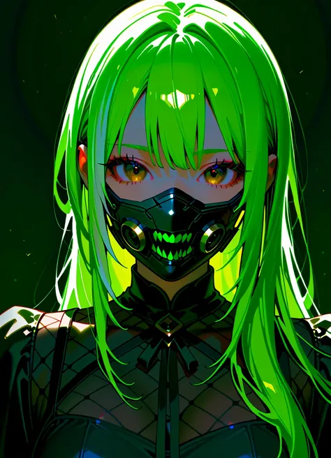 1 woman, long hair, green hair with white highlights, brown eyes, wearing a black mask, beautiful face, wearing black dress