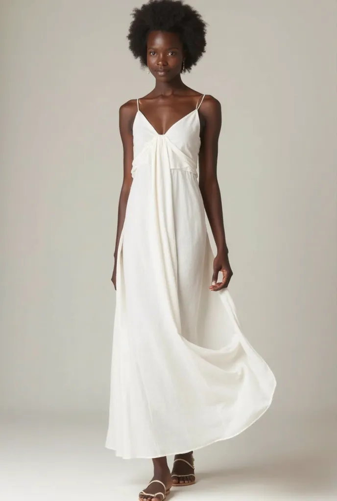 realistic photo, black woman wearing long linen dress in the color white, The dress is plain and simple,  without many details or ornaments , flat sandals on the feet
